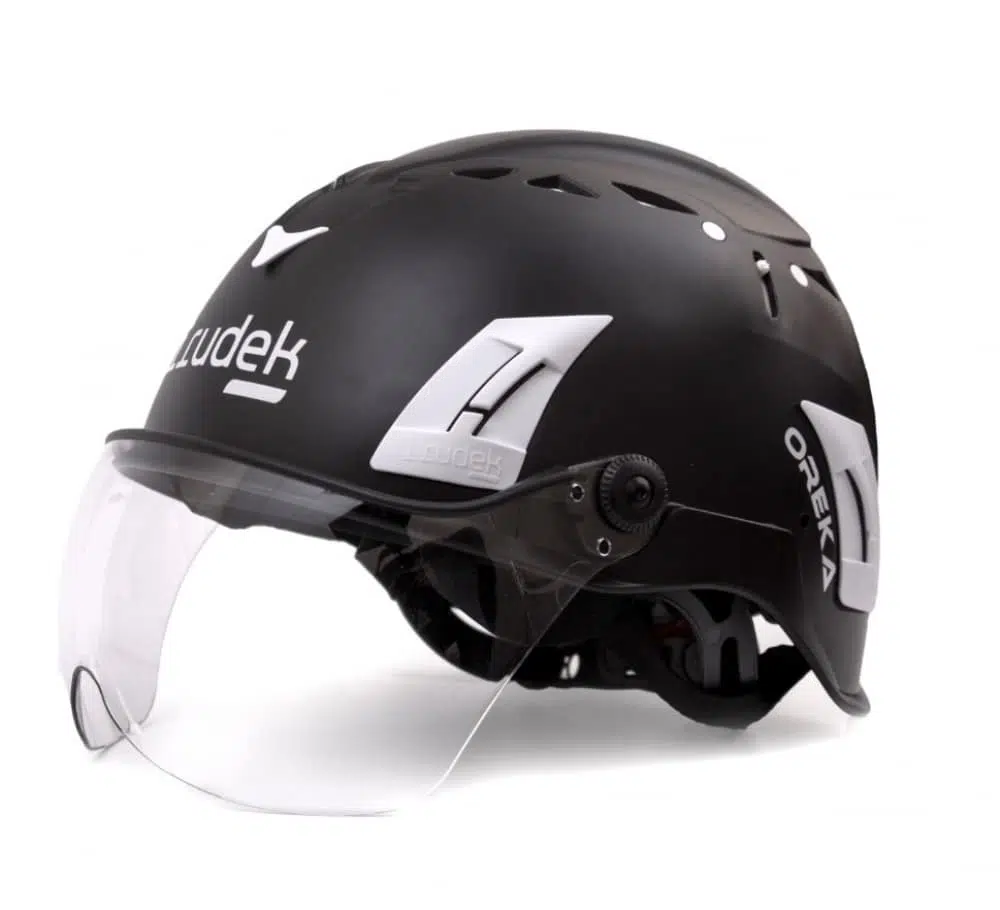 Visor para casco casco con barbuquejo para trabajos alturas oreka 01 1 en orión seguridad